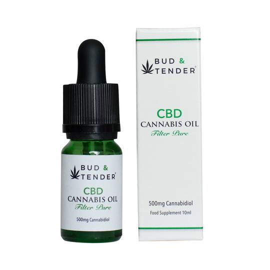 Bud and tender cbd oil green bottle next to packaging