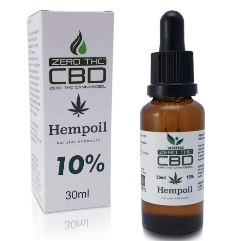 10% CBD hemp oil tincture with white packaging beside it